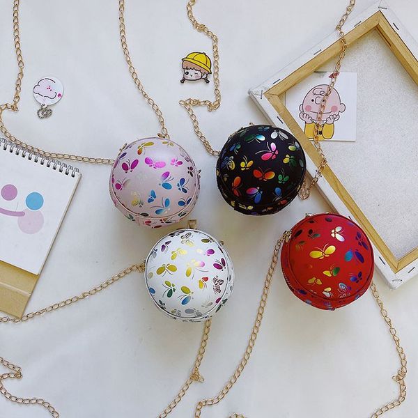 

summer girls butterfly handbags kids mini printed chain spherical small round bag children accessories crossbody change purse f365, Black
