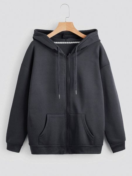 

solid drawstring pocket front zip up thermal lined hoodie u6d8#, White;black