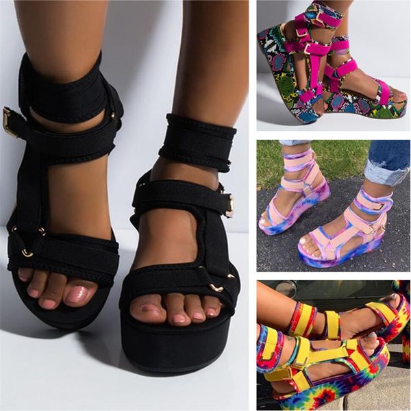 

sandals summer women snake pattern mature european/american color matching printed fish mouth waterproof platform design, Black