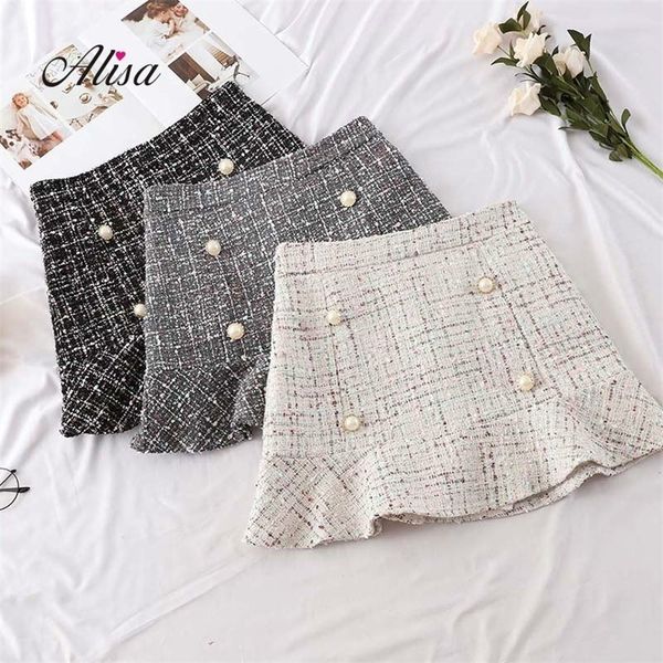 

autumn new korean skirt women hight waist solid mini skirt elegant ladies button lotus leaf woollen wrap skirts femininas 210310, Black