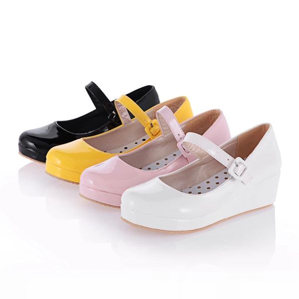 

dress shoes spring autumn sweet fashion pu leather round toe buckle strap platform wedges heel pumps plus size women 45 46 a, Black