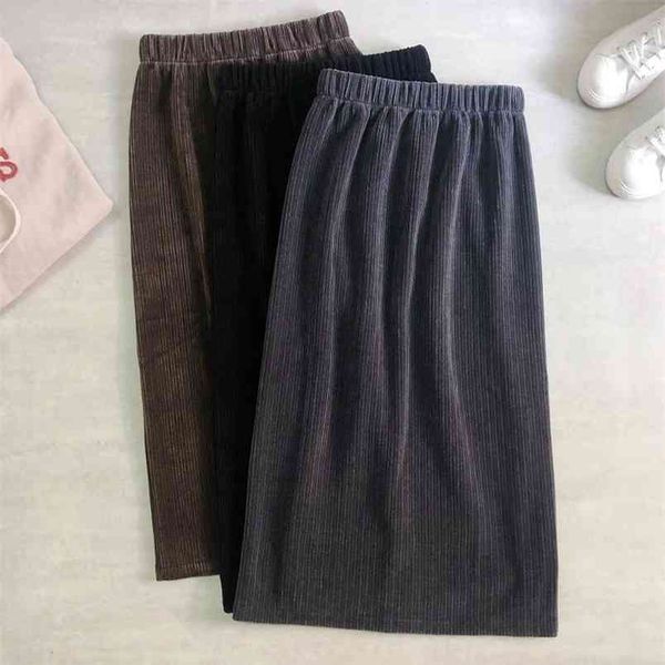 

autumn winter high-waisted thin stretch padded slit women a-line skirt casual all-match ladies long 210527, Black