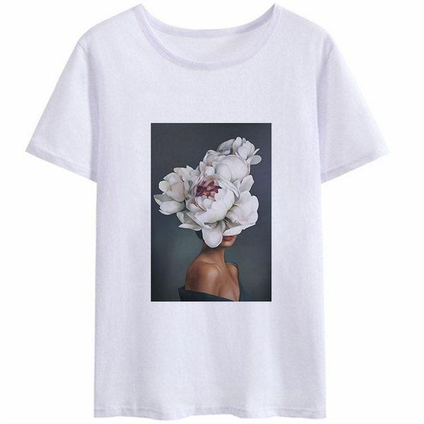 

women's t-shirt arrivals fashion summer for women 2021 korean grunge aesthetic flowers feather print woman clothes tshirt femme, White