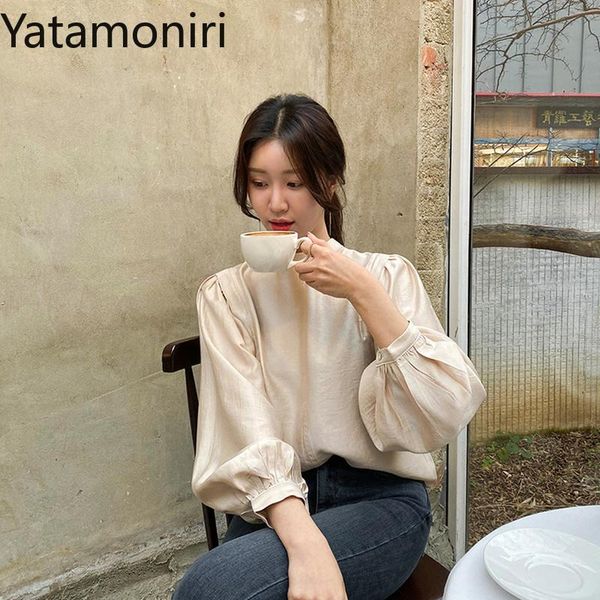 

women's blouses & shirts yatamoniri japan style women blouse autumn 2021 solid o-neck lantern sleeve blusas loose casual office lady 60, White