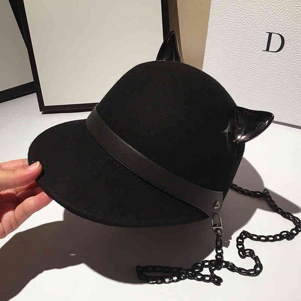 

autumn and winter street wool navy hat chain cat ear hat equestrian hat women's versatile baseball, Blue;gray