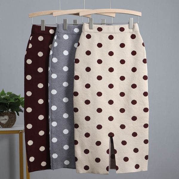 

gigogou women knit polk dot pencil skirt female autumn winter high waist bodycon vintage split thick stretchy sweater skirts 210303, Black