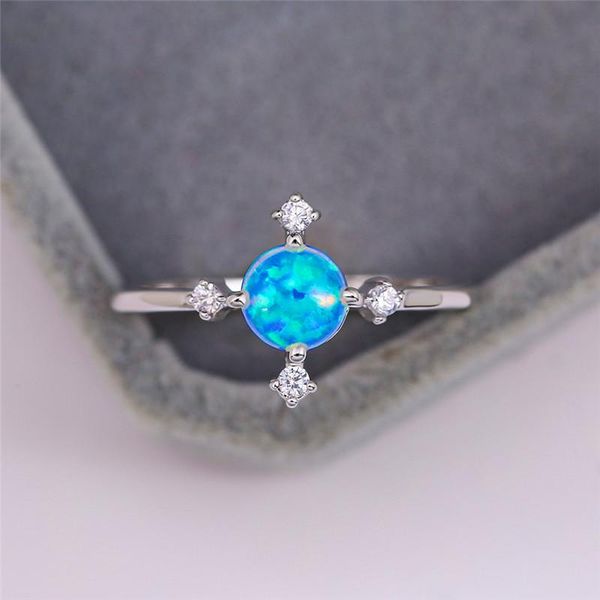 

wedding rings minimalist female blue opal stone ring trendy thin round rainbow for women dainty bridal engagement, Slivery;golden