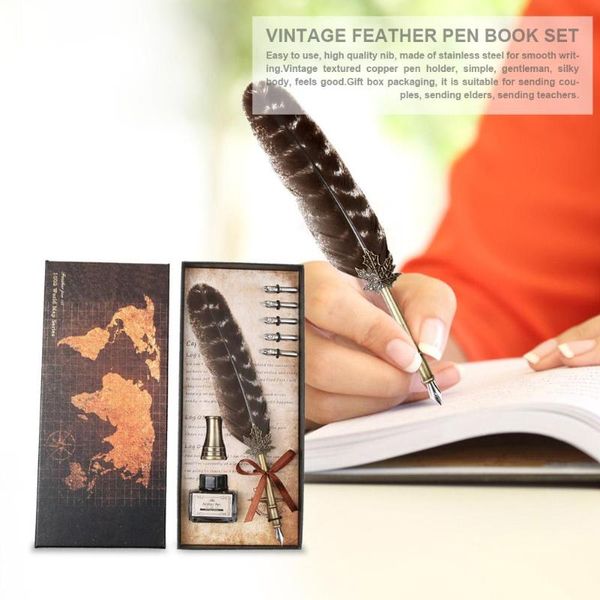 

retro stainless steel feather dip pen writing ink set fountain pens stationery gift box with 5 nibs for wedding gifts