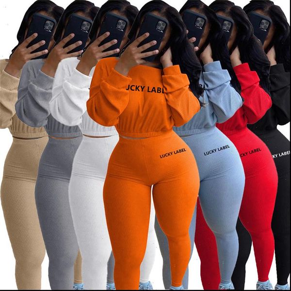

lucky label 2 piece set women crop leggings pants sweet knitted stretch jogger outfit fall clothes wholesale dropshipping, Gray