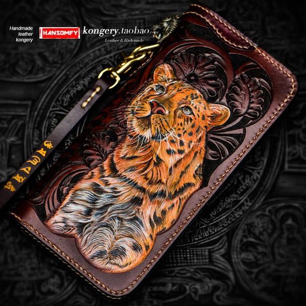 

new handmade men's wallet leopard long zipper purses male hand bag vertical clutch bags money cloth genuine leather carving men, Red;black