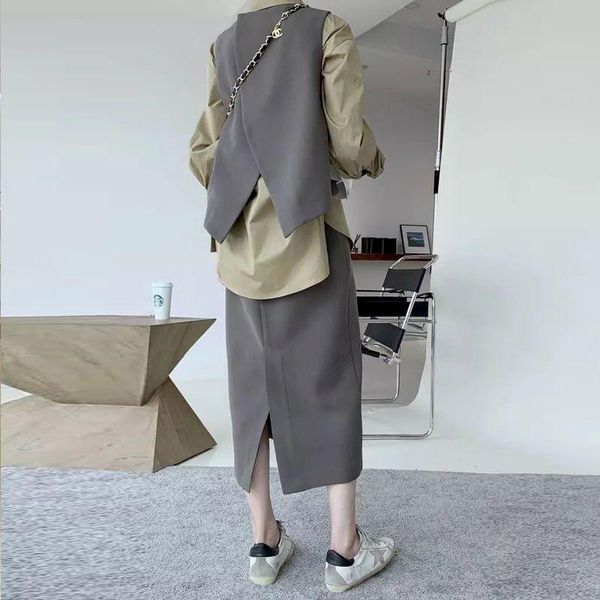 

Two Piece Dress Autumn Wild Vest Retro Suits Oversized Women Casual Temperament Shirt Skirts, White