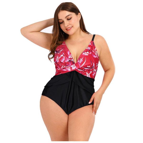 

fashion new women plus size v-neck floral patchwork graphic fitted one-piece spring seaside pool swimsuit tankini monokini