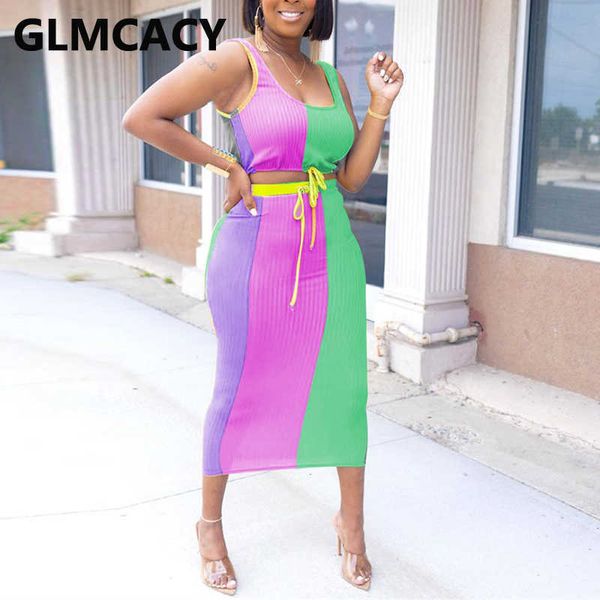 

two piece colorblock dress suits sleeveless crop & slim maxi skirt set 210702, White