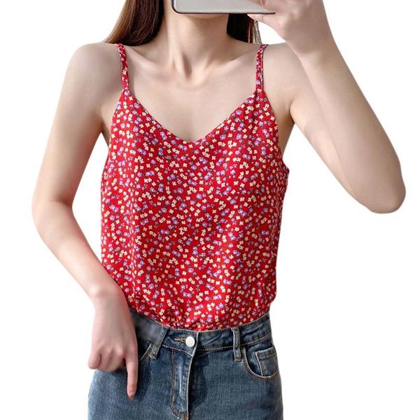 

women's tanks & camis korean summer chiffon camisole with loose floral sleeveless women vest streetwear, White