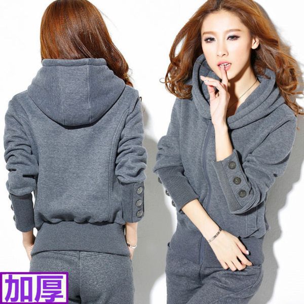 

new korean large plush thickened two piece women's sports & amp; leisure suit, Gray