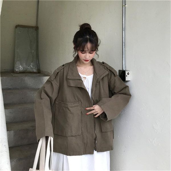 

outerwear style 2021 solid all-match stand cute casual streetwear female regular loose women coat, Tan;black