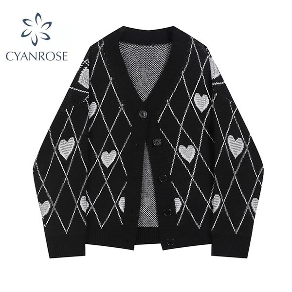 Готический стиль моды негабаритный черный кардиган для женщин свитер с длинным рукавом V-образным вырезом Harajuku свободно винтажные трикотажные топы пальто 2111215