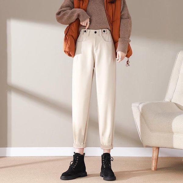 

women's pants & capris 2021 autumn winter women casual slim straight female button high waist loose harem trouser lady thick warm solid, Black;white