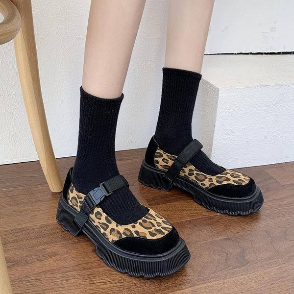

dress shoes rimocy 2021 spring fashion leopard women buckle faux suede single woman sweet round toe thick heel mary janes, Black