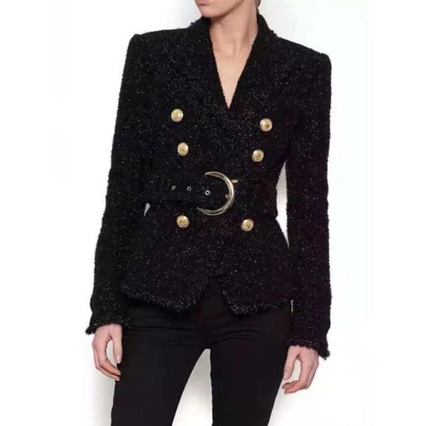 

women's suits & blazers winter black blaze women double gold button shiny wool belt slender short jacket office suit feminino, White;black