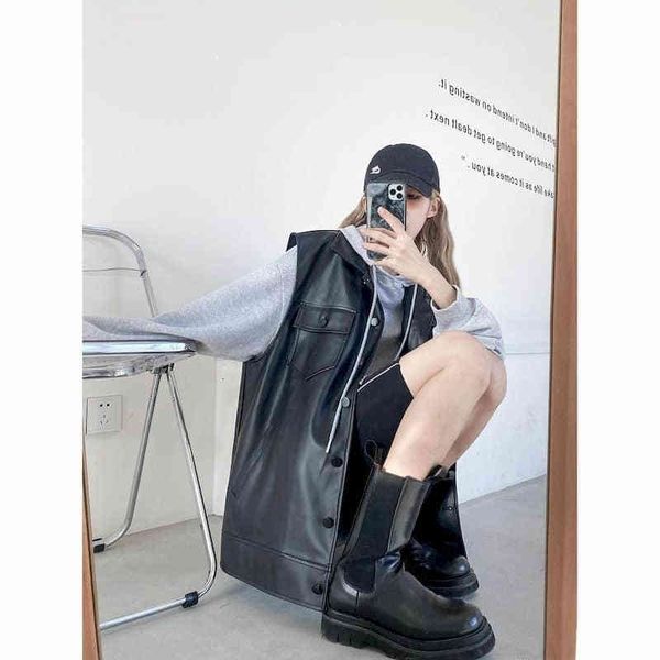 

women's vests colete de couro feminino, estilo escuro funcional, estudante, versÃ£o coreana, folgado, novo harajuku, sem mangas, marÃ© zb, Black;white