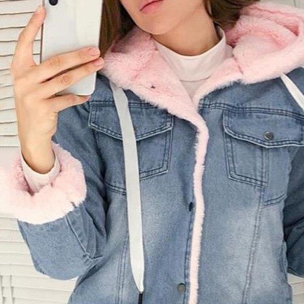 

women thick faux denim jacket velvet hoodies winter coats female korean style faux lamb coat fashion outwear chaqueta mujer, Black;brown