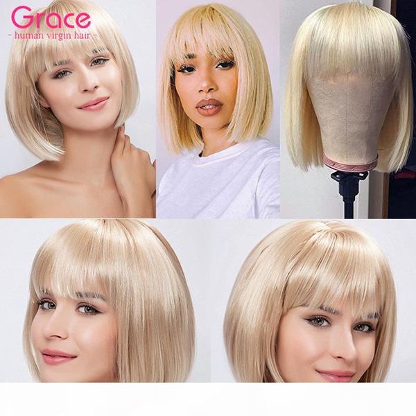

blonde human hair short bob wigs with bangs for black women pixie cut peruvian remy straight glueless wig pre plucked 613 front non lace wig, Black;brown