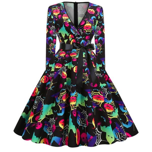 

casual dresses women's halloween stylish vintage long sleeve round neck pumpkin printed flared party dress vestido de mujer, Black;gray