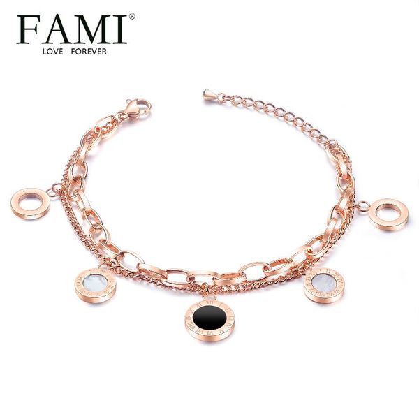 

link, chain fami roman numeral bracelets round cake zircon black and white shell bracelet female trendy titanium steel women jewelry