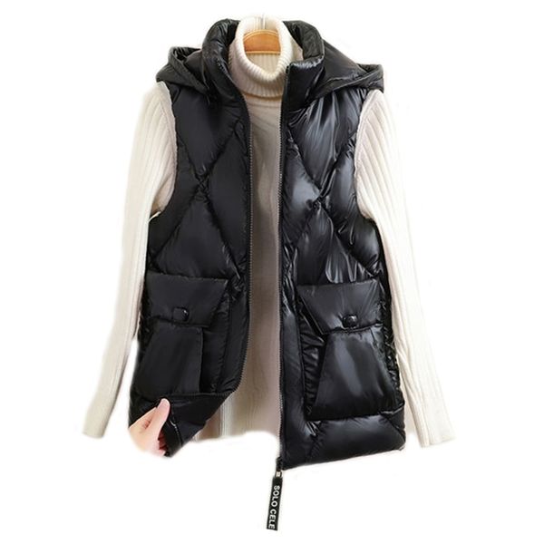 

cotton women's waistcoat big pocket vest glossy hooded winter body warmer padded plus size 210531, Black;white