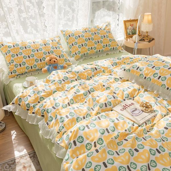 

bedding sets lace ruffle bed sheet pure a/b double-sided pattern  size quilt cover 100% cotton fitted sheets