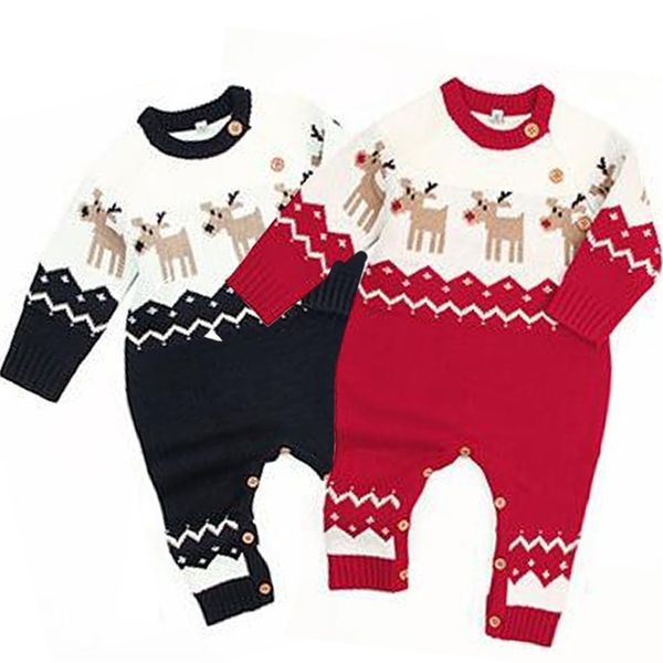 Weihnachten Baby Boy Cartoon Elk Jumpsuit Neugeborenen Mädchen Kleidung Langarm Strick Herbst Winter Warme Overall Kleidung 210315