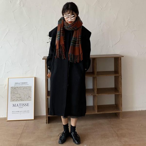 

women's wool & blends women autumn winter vintage cashmere long overcoat big turn down collar straight black coat single breasted plus