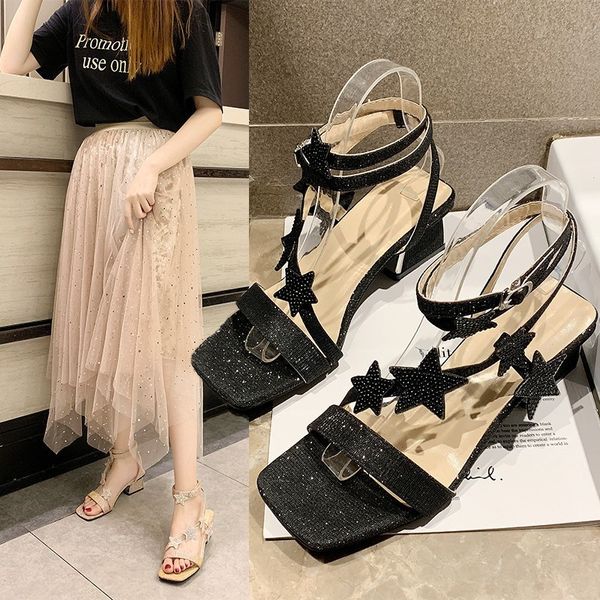 

2021 fashions small fresh women's sandals a line of buckle star sequins cloth lady high heels j2lj, Black