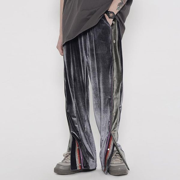 

men's pants color block side button fleece casual trousers men and women straight velvet loose track high street oversize baggy, Black