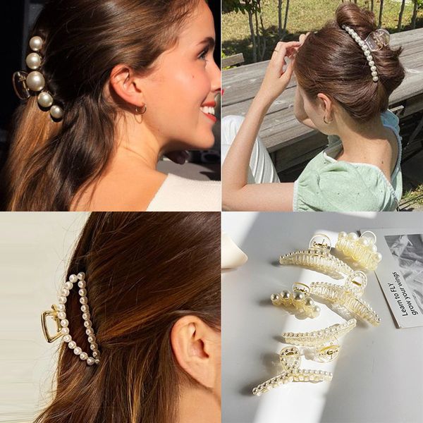 

pearl hairpin back grip french hairpin headdress large hairpin elegant temperament shark clip, Golden;silver