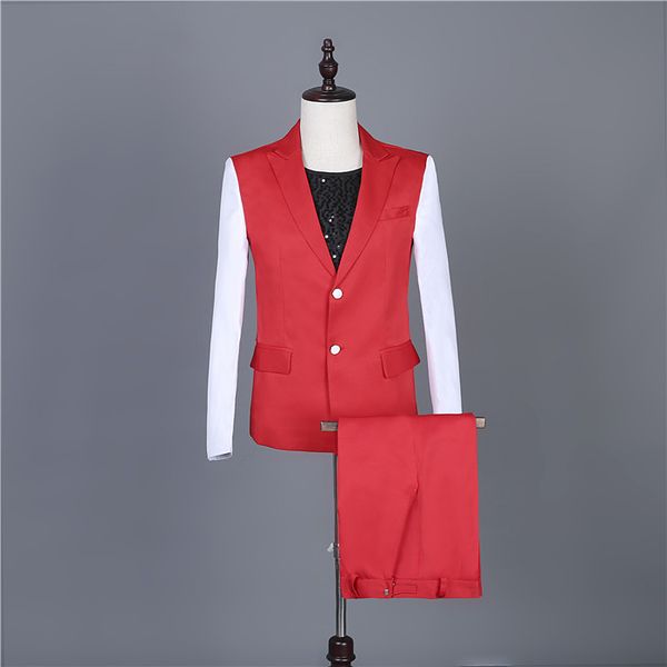 

red-white stitching blazers set spring summer mens fashion slim suits singer team three style suit bar performance costume, Black;red