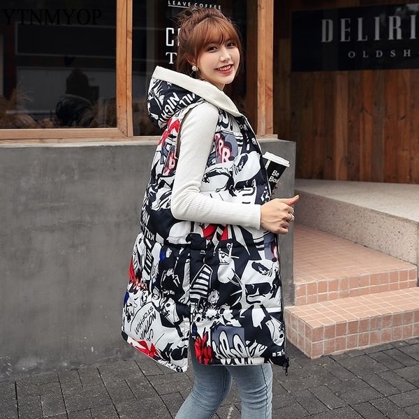

ytnmyop winter vest women long printing waistcoat two sides can wear hooded vest gilet cotton padded sleeveless jacket coat 201027, Black;white