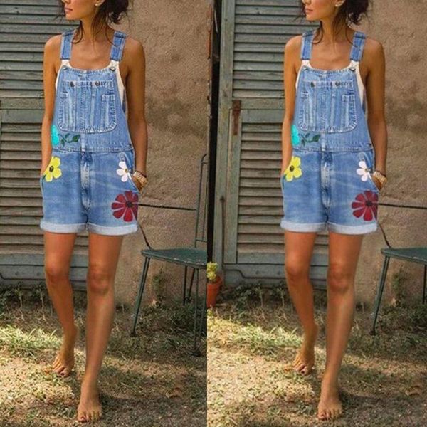 

women's jeans denim overall printed loose-fit washed shorts woman, Blue