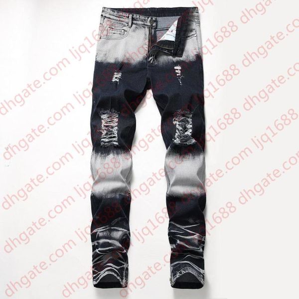 

men ripped jeans fashion motorcycle denim design slim fit straight jeans brand casual patches men's fashion wear pants, Blue