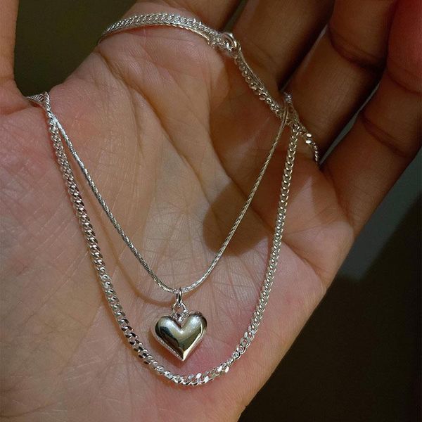 

chains meyrroyu sterling silver double-layer collares love heart pendant necklace for women simple glossy 925 jewelry birthday gift