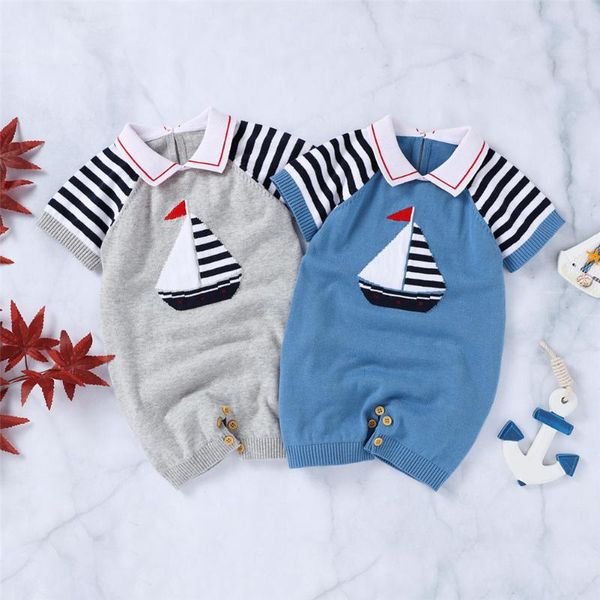 

jumpsuits 2021 baby boys romper short sleeve button closure striped boat pattern folded collar patchwork knitted jumpsuit, Blue