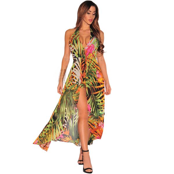 

2019 spring women bohemian printed v neck high waist a line dress ankle length dress floral spaghetti strap dress, Black;gray