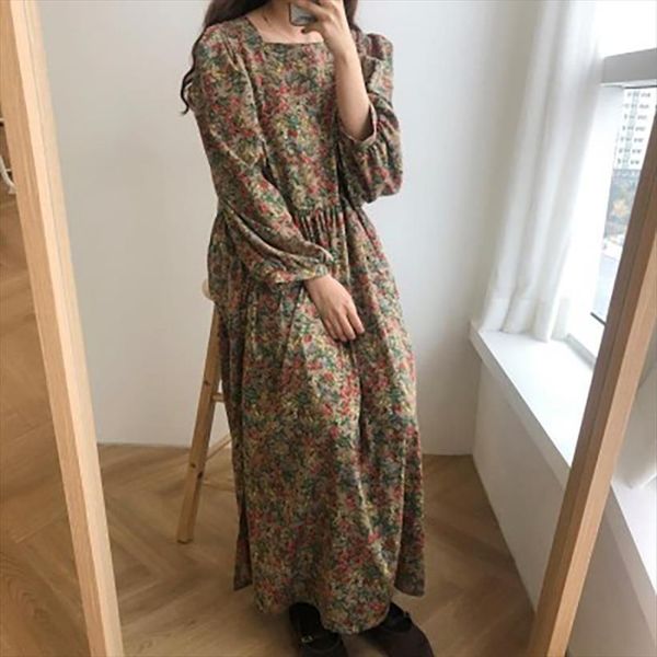 

puff long sleeve floral chiffon womens dress midi vintage robe longue spring korean runway flower harajuku vestido casual boho chic, Black;gray