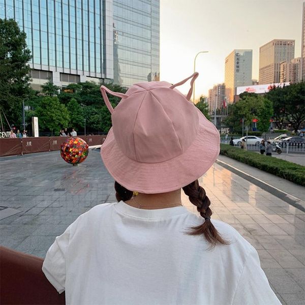 

wide brim hats women girls summer cotton bucket hat kawaii cute hollow out kitten ears solid color sunscreen fisherman cap, Blue;gray