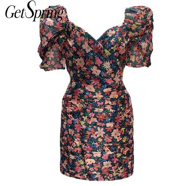 

getspring women dress v neck puff sleeve floral printed retro pleated fairy summer es fashion ladies beach es 210601, Black;gray