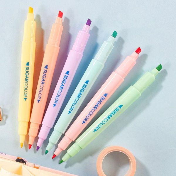 

highlighters 6pcs small fresh eye care double head fluorescent soft light fruit fragrance warm elegant key difficulties note, Black;red