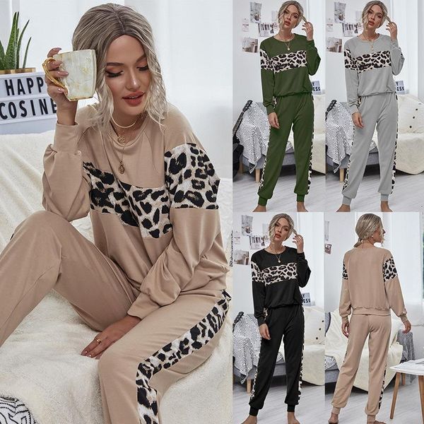 

women's tracksuits sweater women autumn leopard print stitching long-sleeved round neck pullover suit, Gray