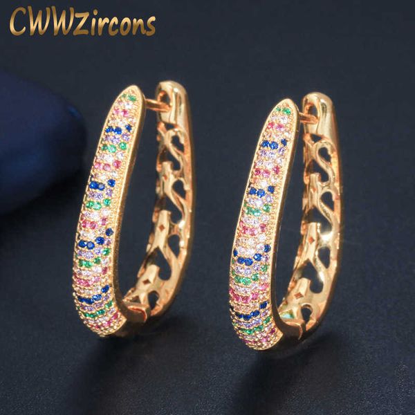 

designer circle round dangle multi colored cubic zircon crystal dubai gold hoop huggie earrings for women cz589 210714, Golden;silver