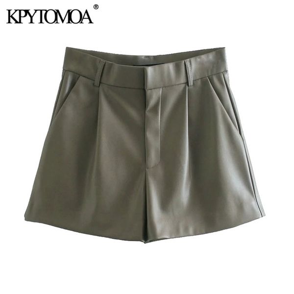 

kpytomoa women chic fashion faux leather pleated shorts vintage high waist zipper fly side pockets female short pants mujer 210306, White;black